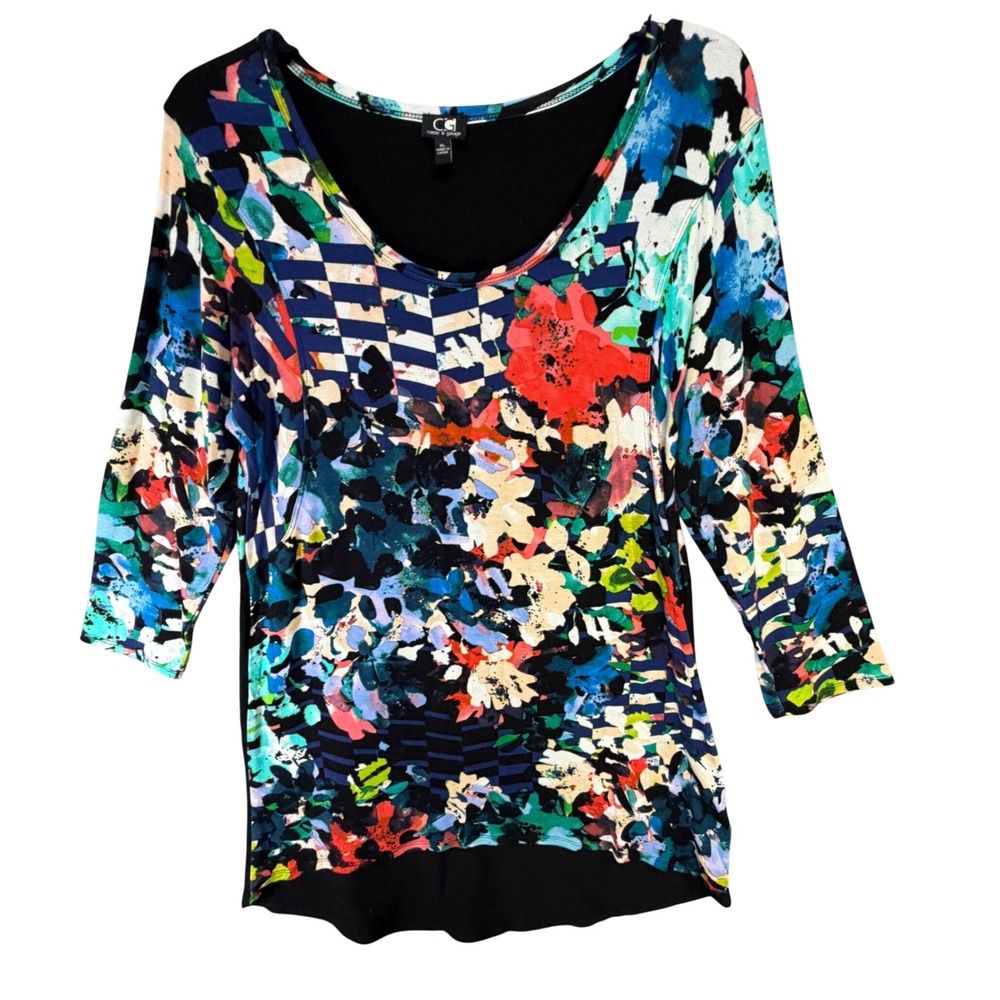 Cable & Gauge Abstract Floral Tunic Top Womens XL Black Multi Art To Wear Comfy